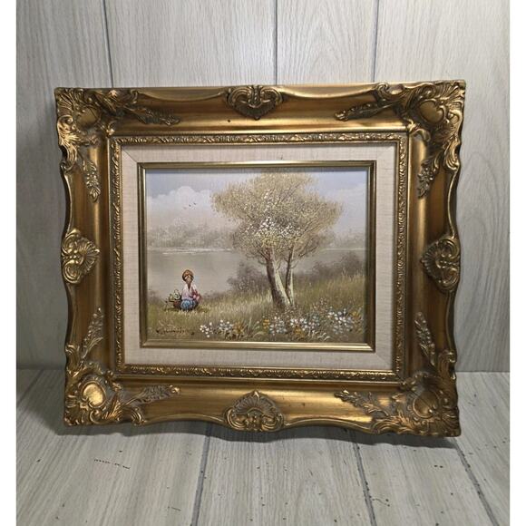 VTG Charles Manning Oil Painting On Canvas Girl By The Lake Signed 16" x 14" - Picture 1 of 12